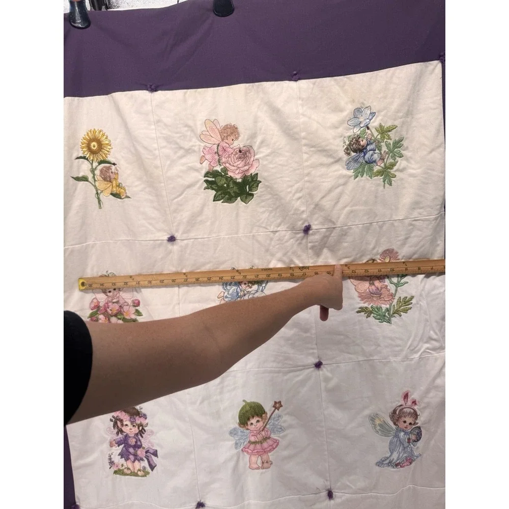 Vintage Handmade Fairy Quilt Embroidered Flower Baby Blanket Purple Cottagecore